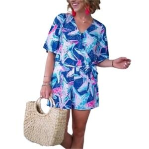 Lilly Pulitzer Madilyn Star Struck Starfish Wrap Shorts Romper Blue Pink Size L